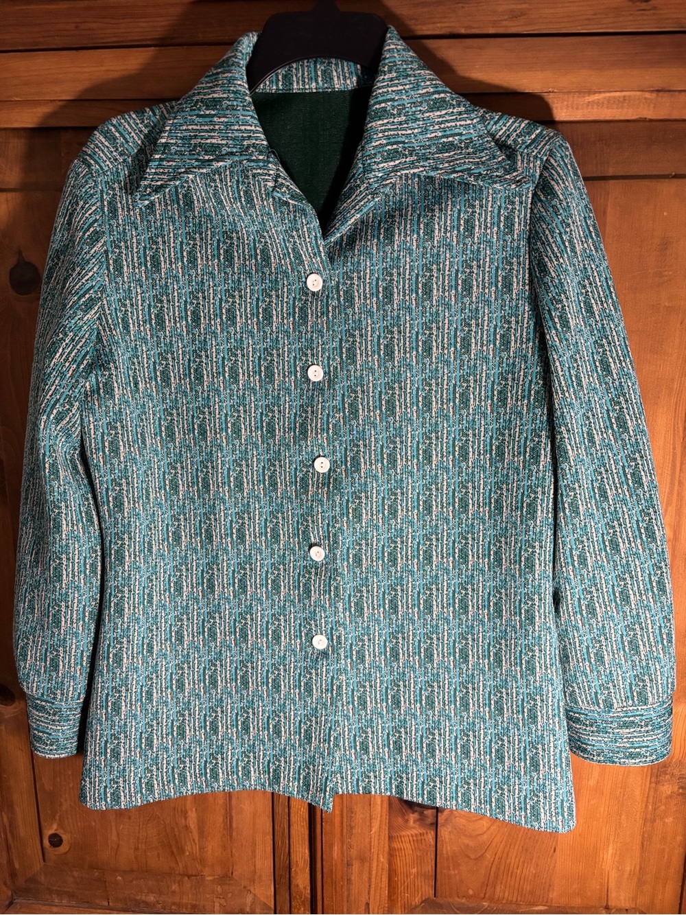 Vintage Dagger Collar Poly Teal Patterned Button-Front Women's Jacket